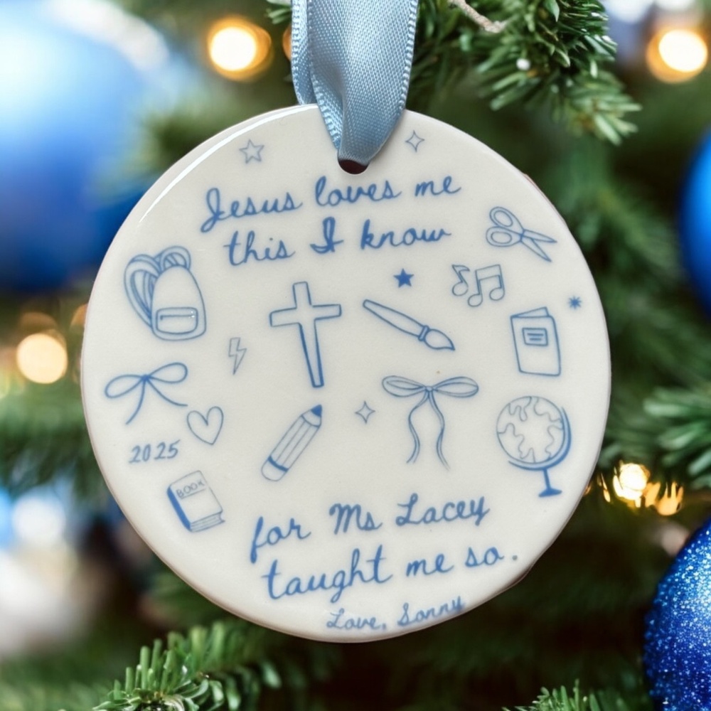 “Jesus Loves Me, This I Know” Personalized Teacher Ornament, Custom Gift